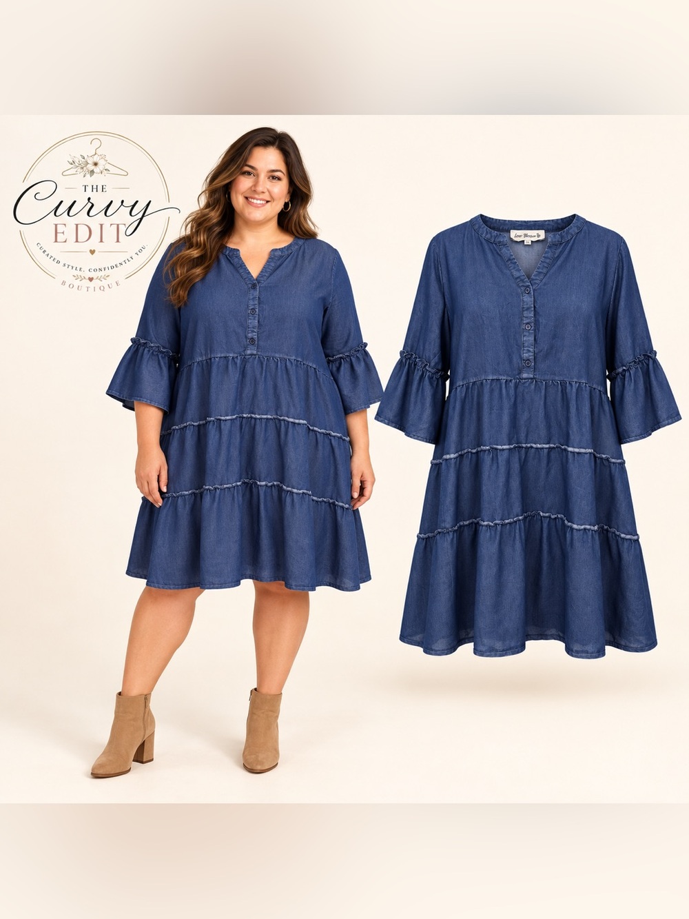 Love Blossom Plus Size 3X Blue Chambray Tiered Bell Sleeve Dress Boho Western